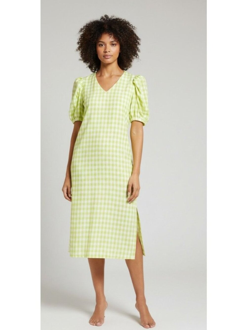 Halogen Puff Sleeve Midi Dress, Lime Green/ White, M